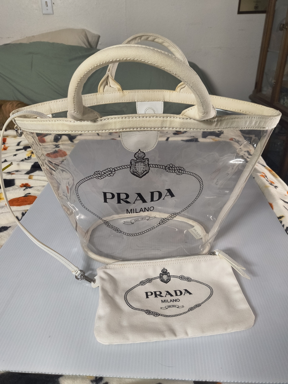 Authentic Prada Canapa Plex Clear Tote Bag wPrada Milano Clear Tote Bag in White